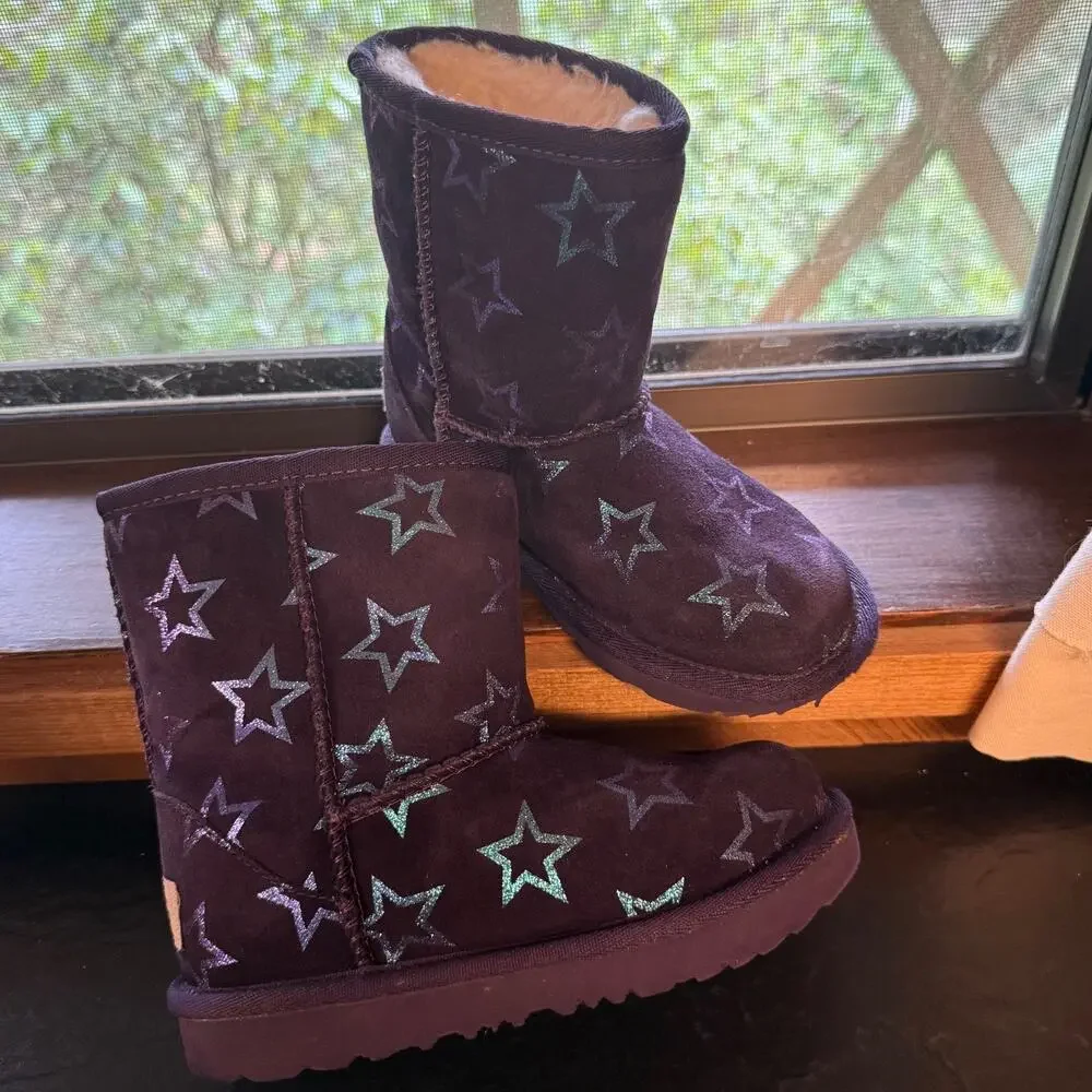 UGG Girls Sz 11 Boots Classic II Purple Iridescent Stars Nightshade